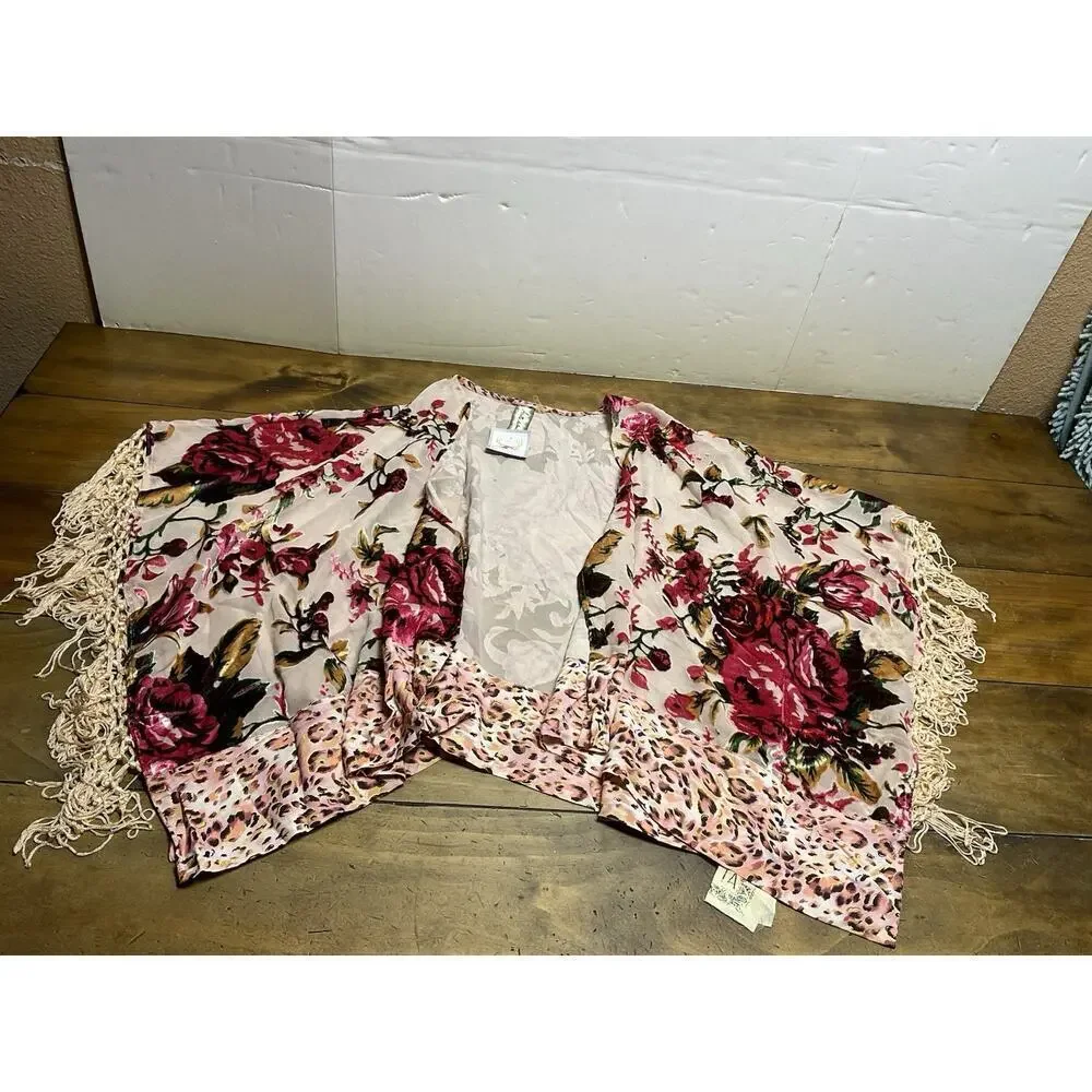 Aratta Silent Journey Women's Sheer Floral Kimono Shawl with Fringe One Size